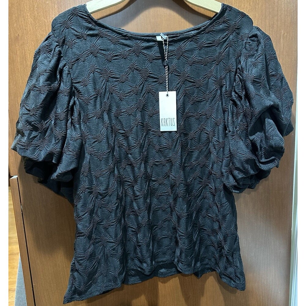 Kaktus Black Textured Puff Sleeve Blouse Women’s 2X Boho Stretch Top NWT $69.90